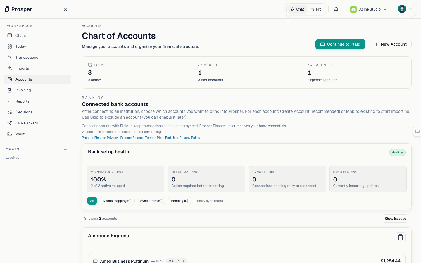 Prosper connected bank accounts screen showing American Express accounts mapped to the chart of accounts.