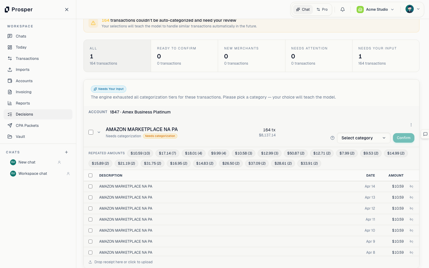 Prosper AI Review inbox with an expanded Amazon Marketplace batch ready for category confirmation.